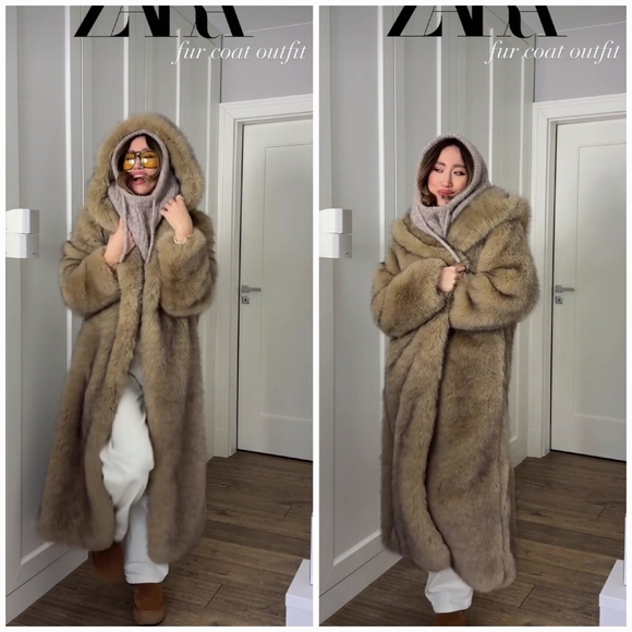 Zara Hooded Faux Fur Coat - Picture 8 of 14